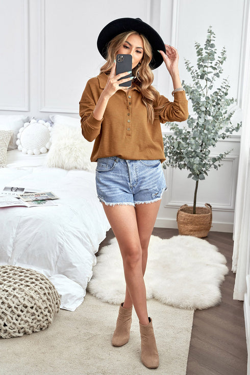 Button Front Turn-Down Neck Knit Top